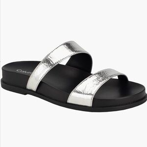 Calvin Klein Explore Slide Sandal for Women Metallic Silver and Black 7.5 M